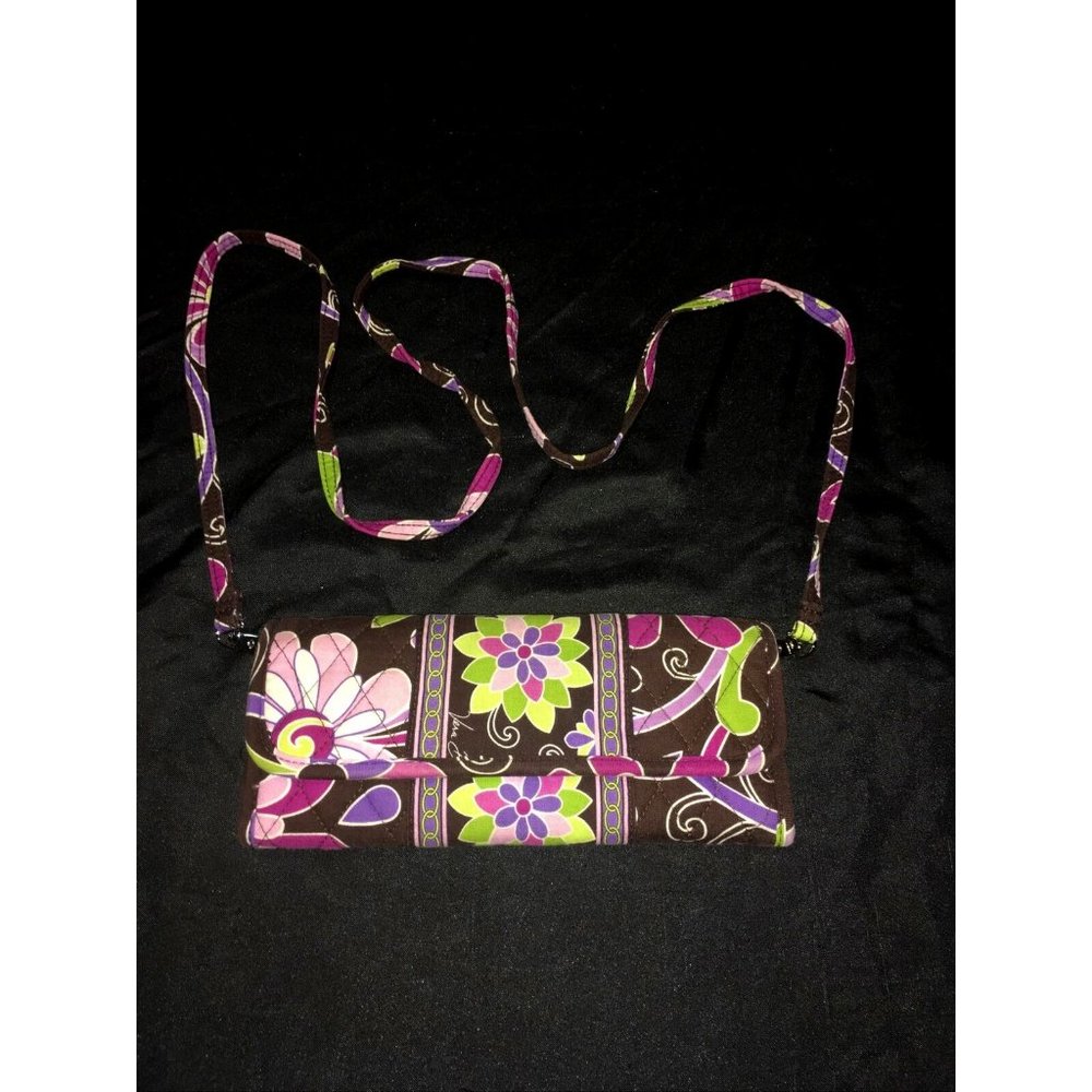 Vera Bradley Retired Purple Punch Tri-Fold Cross-Body Wallet Magnet Close Small
